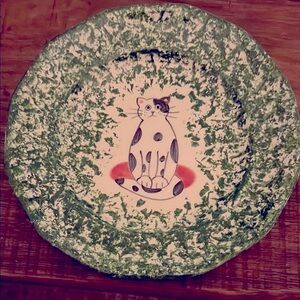 Green and White Cat Spongeware Plate